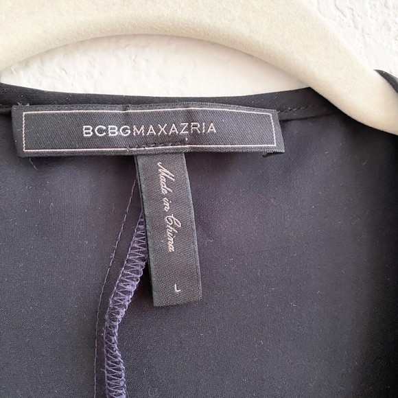 BCBGMaxazria Print Boho Top Black Navy Blue White Floral Paisley Roll Tab Size L - Picture 8 of 11